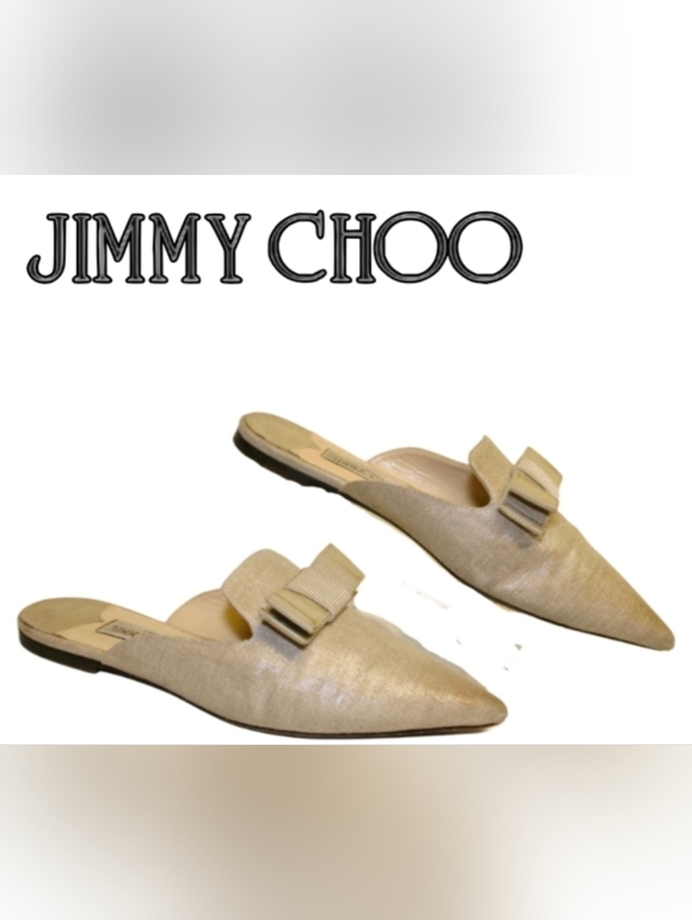 Jimmy Choo Ribbon Mule Pointed Toe Flats Metalic Beige 8 38 - Picture 1 of 14